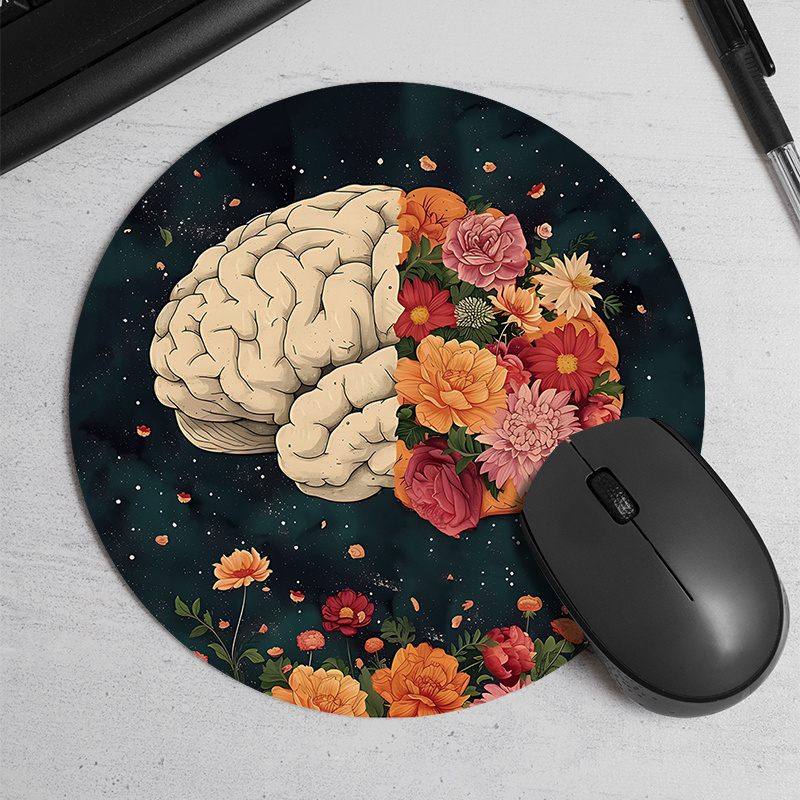 

1pc Floral Brain Pattern Round Mouse Pad, Non-slip, Comfortable, Water-resistant, Cartoon Desk Mat For Office, Study, Gaming - Ideal Gift