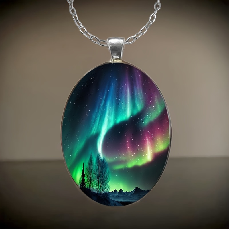 

1pc Stylish And Elegant Aurora Landscape Pattern Oval Alloy Glass Pendant Necklace, Romantic Gift Christmas/ Thanksgiving Gift...