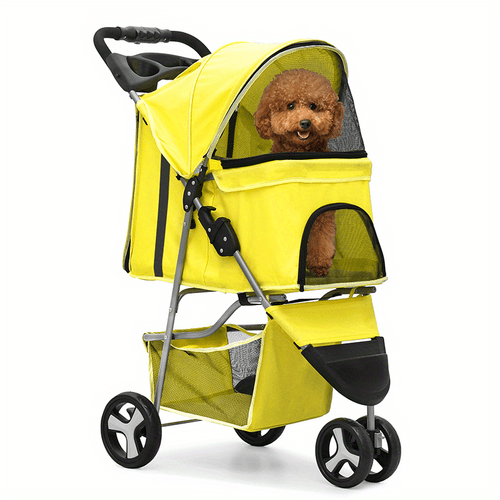 foldable pet stroller w 3 wheels pet cart 360 swiveling weather cover yellow