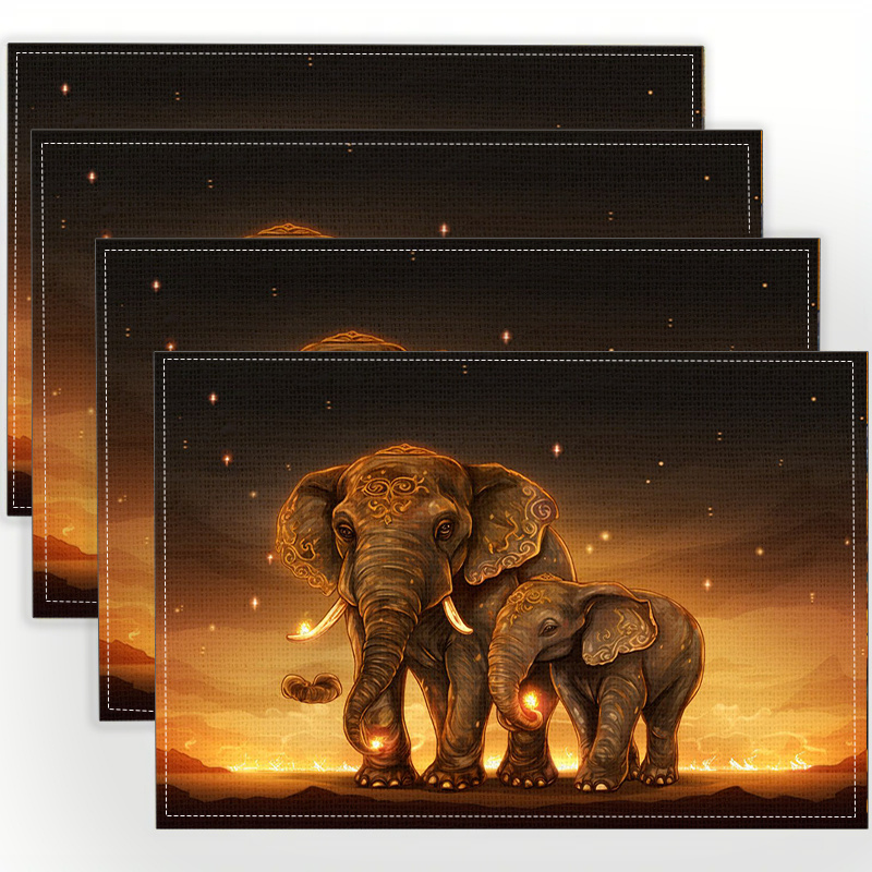 

Elephant Theme Linen Place Mats 4pcs Set - Woven Rectangular Table Mats, 100% Linen Heat Resistant Non-slip, Machine Washable For Dining Kitchen Decoration