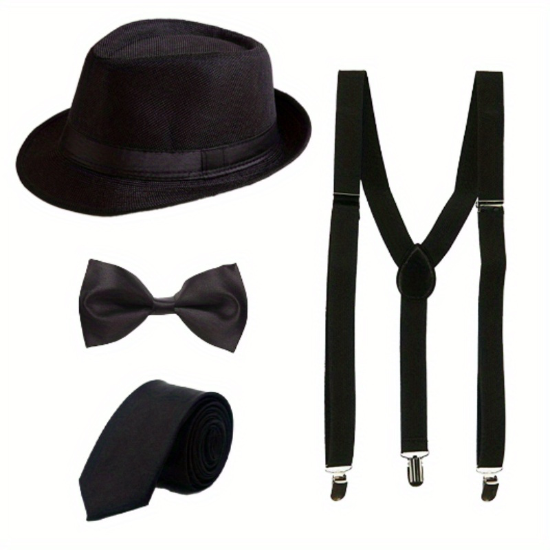 TEMU 1920s -inspired Men's Costume Set - Includes Hat, Y-back Suspenders, Bow Tie, Watch & Beard - Perfect For Themed Parties & Events