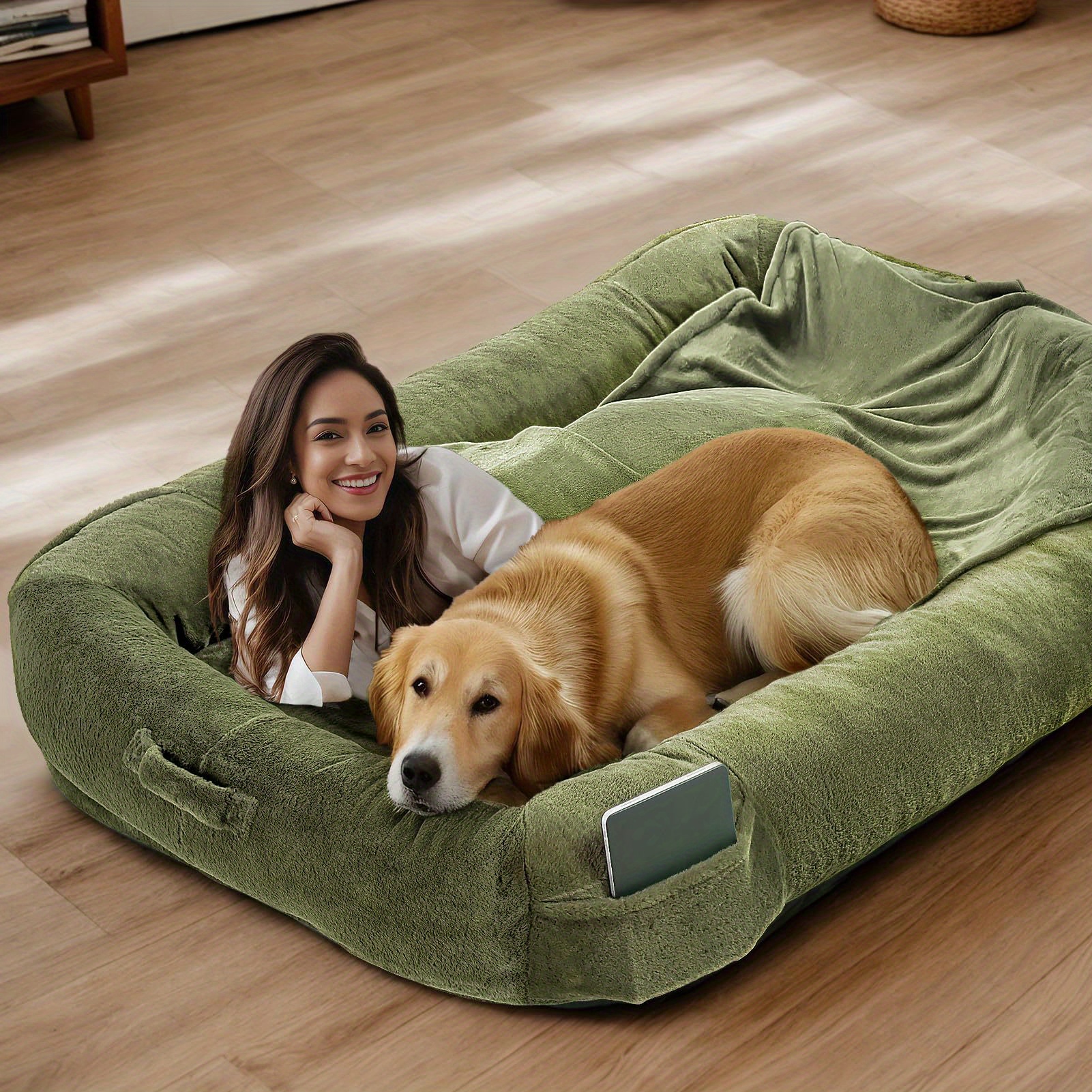 TEMU Extra Large Dog Bed, Human Dog Bed For Adult Instead Of Foldable Air Mattress, 72"x48"x10" Washable Floor Beds Large Sized Dog Gifts With Handle, Blanket And 4 Storage Pockets, Army Green