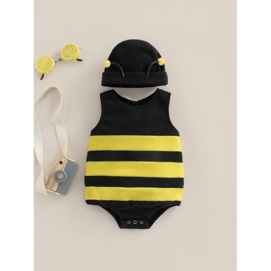 

3-24m Infant Baby Boys Bee Romper Stripe Sleeveless Back Decor Jumpsuits Summer Casual Clothes Infant Bodysuits With Hat