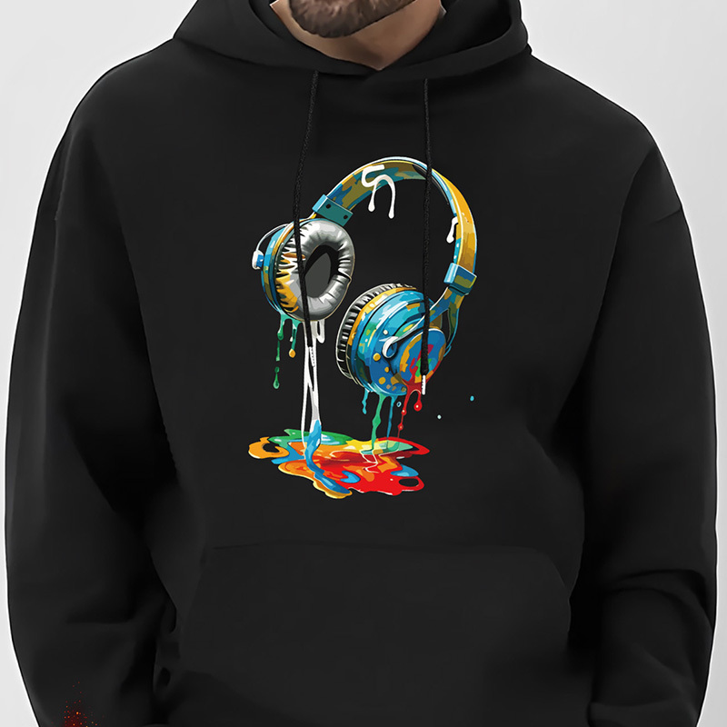 

Men's Graffiti Headphone Print Hoodie - Casual & Stylish Drawstring Pullover With Kangaroo Pocket, Perfect For Fall/winter