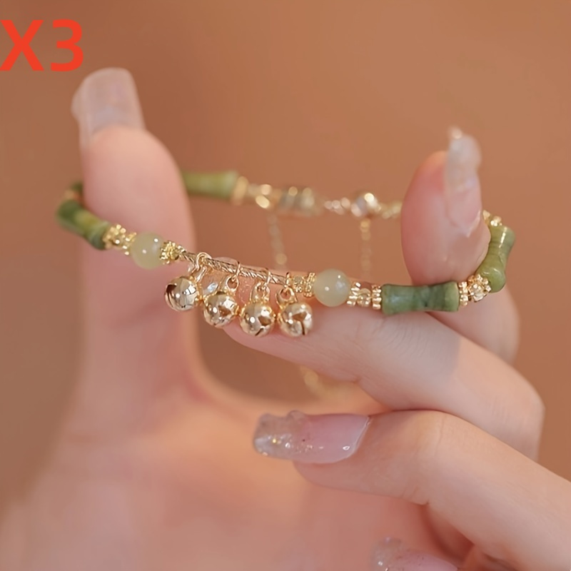 

3pcs Lady Bamboo Bracelets, Beads With Golden Ornament, Fashion Jewelry, Suitable For