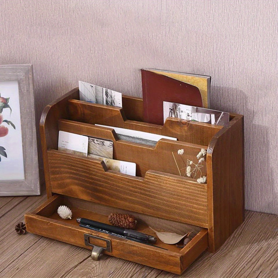 TEMU 1pc Wooden Desk Organizer For Office Study, Storage Holder For Magazines, Books, Photos & Drawer