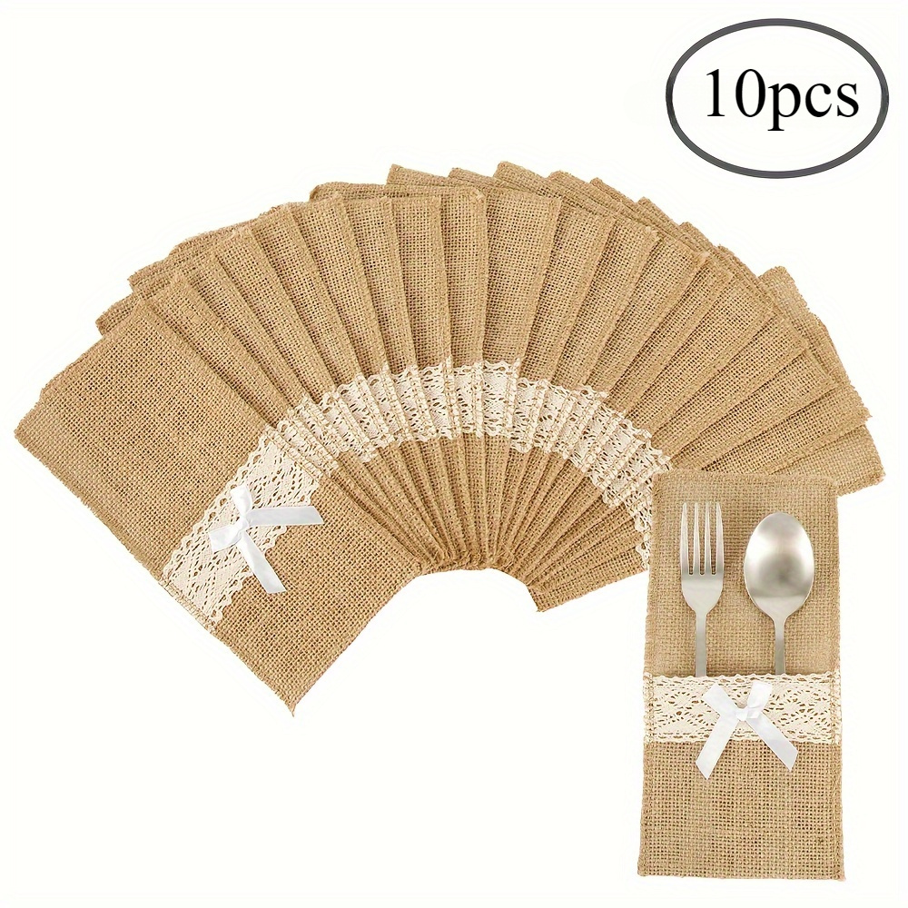 Image of 10pcs Rustic Burlap Cutlery Holders With Lace Accents - Jute Silverware Pouches For Wedding, Birthday, Dining Room Table Decor