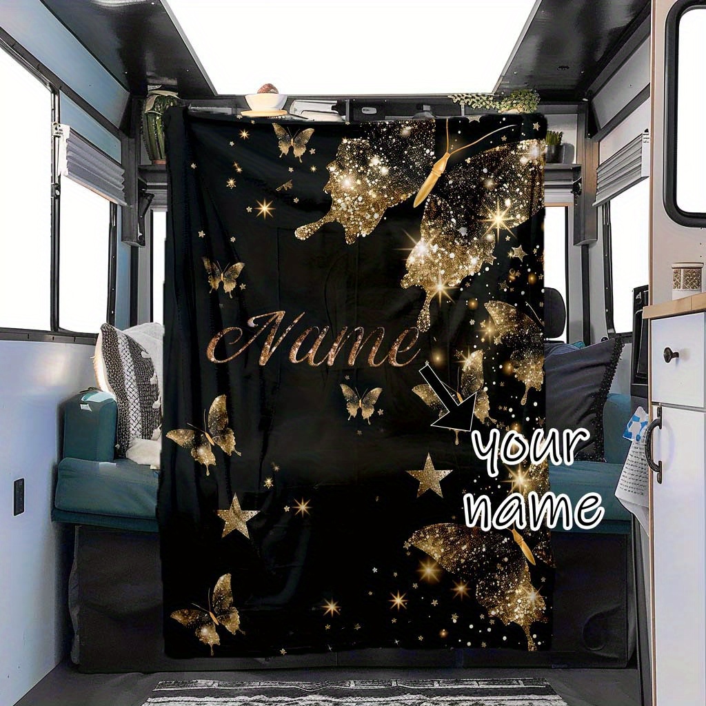 

Custom Name Golden Butterfly Soft Flannel Blanket - Perfect For Birthdays & Holidays, All-season Comfort