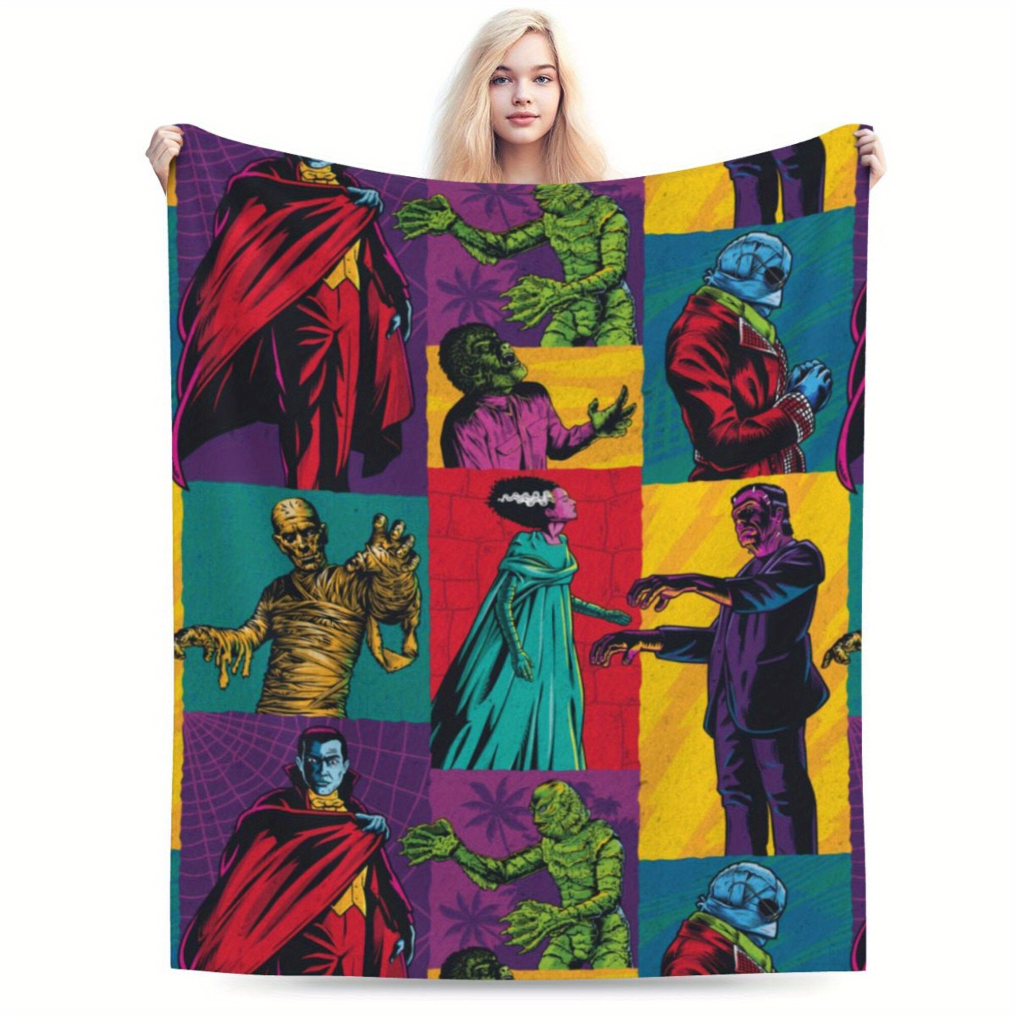 

Cozy Horror Monster Print Flannel Throw Blanket - Soft, Warm & Versatile For Couch, Bed, Office, And Travel