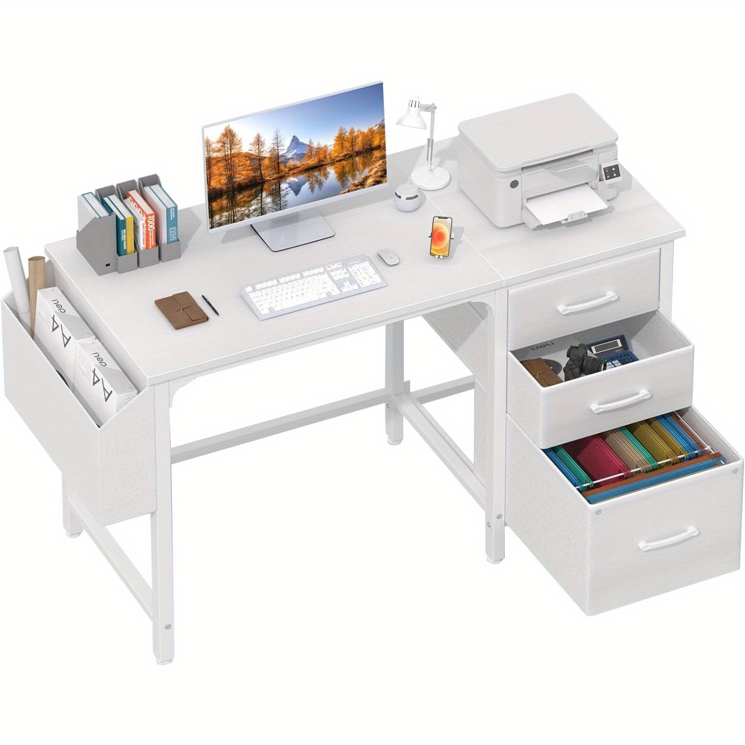 

47 Inch Office Computer Desk With File Drawers Cabinet, Desks With Fabric Filing Cabinet For Small Space, Modern Table Pc Desks