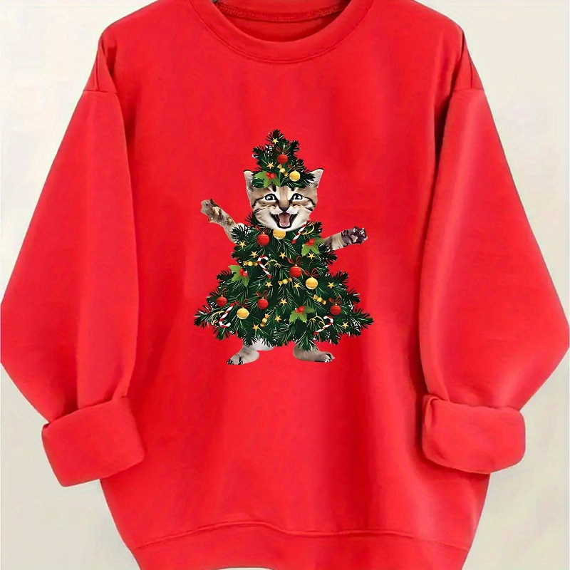 

Sweat-shirt à imprimé d'arbre de Noël pour chat festif - Pull décontracté en tricot de polyester, col rond, manches longues, légère élasticité, vêtement de sport graphique saisonnier pour adultes