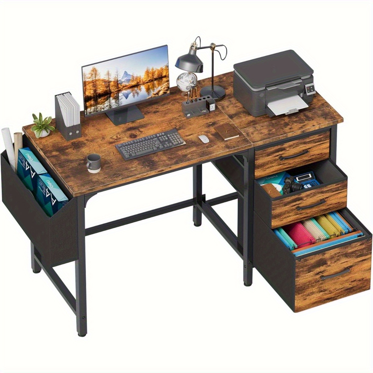 

Brown Computer Desk With File Drawers Cabinet, 47 Inch Home Office Desks With Fabric Filing Cabinet For Small Space, Modern Table Pc Desks