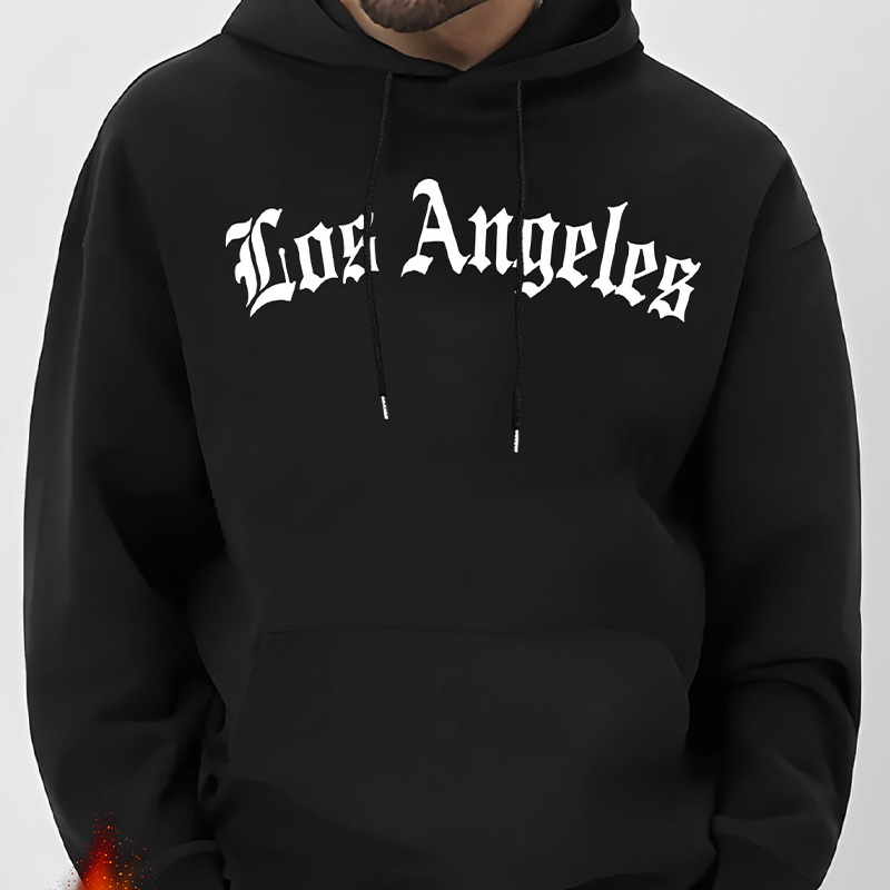 

Los Angeles Letter Print Hoodie - Men's Casual Long Sleeve Sweatshirt With Drawstring And Kangaroo Pockets - Fall/winter Collection - Polyester Fabric