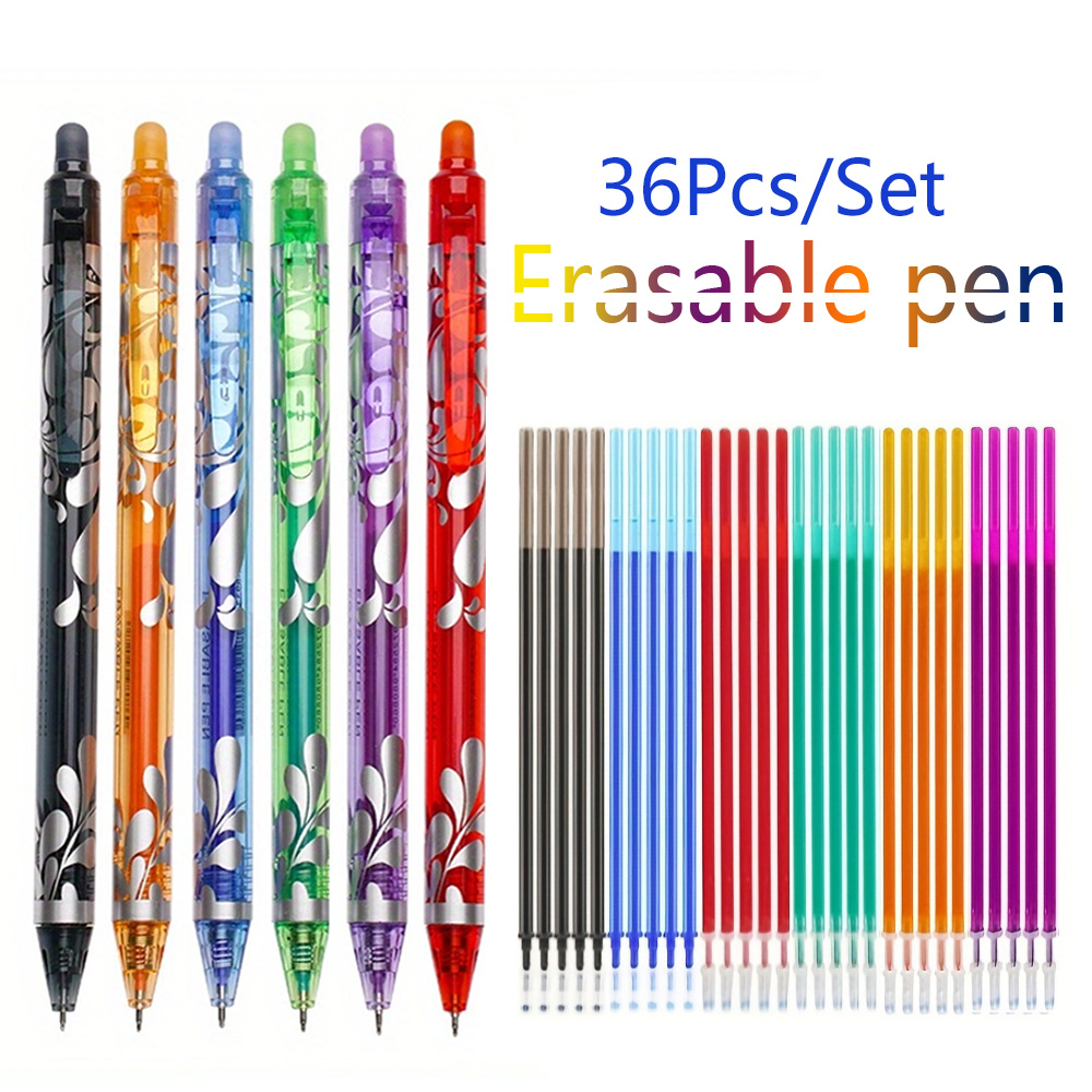 

36 Pieces Colorful Erasable Gel Pens - Top With Eraser Design, 6 Color Pen Core, Washable Handle, Office Supplies, Stationery