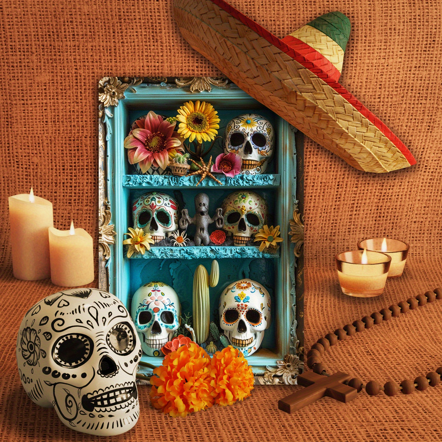 

Day Of The Dead Decorative Tin Sign - 8x12 Inch Aluminum 2d Art Set, Mexican Theme With Flowers - Durable, Weatherproof, Pre-drilled For Easy Hanging - Ideal For Home & Events - 1pc