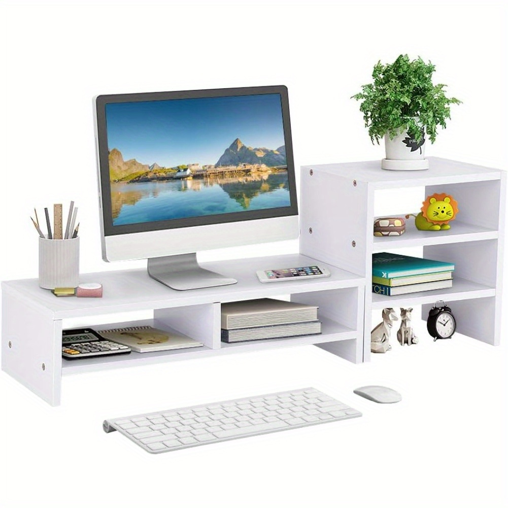 

Wood Computer Laptop Monitor Stand Riser, Multifunctional Desktop Wooden Storage Organizer With 3 Tiers Shelf For Home, Office (white)