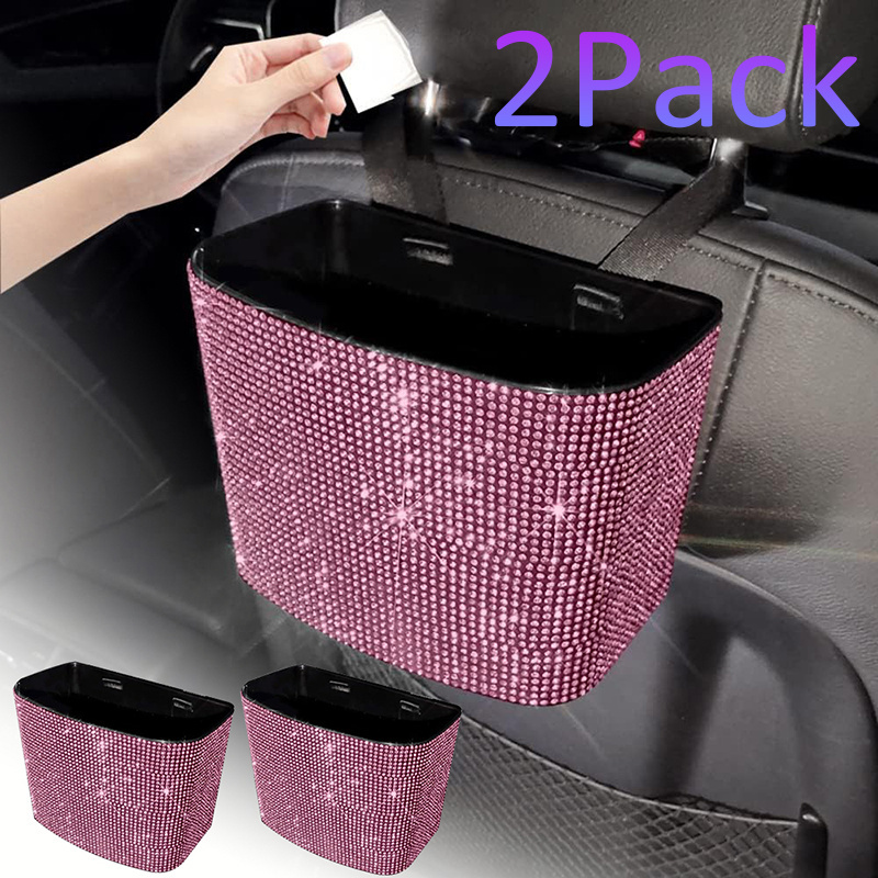 

2pcs Car Trash Can, Bling Car Garbage Can Container Hanging Wastebasket With Rhinestones