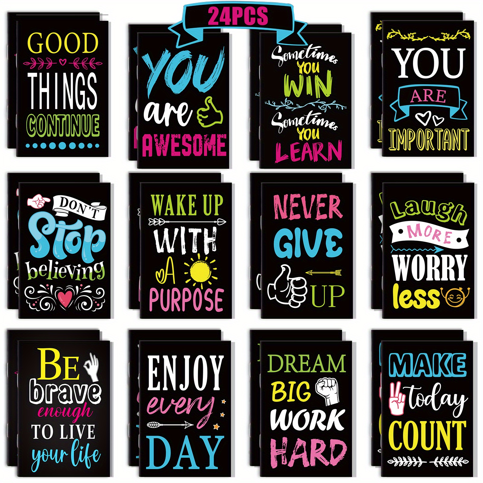 TEMU 24pcs Inspirational Steno Pads In English With Soft Cover, Motivational Quotes Notebook Set, Mini Notepads For Notes & Reminders