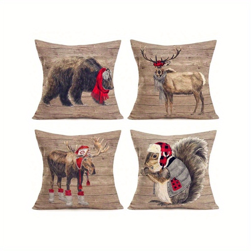 

4pcs Set Rustic Christmas Pillowcases - Bear, Elk, Reindeer & Squirrel With Red Hat Scarf Designs - Polyester, Zip Closure, Machine Washable - Living Room Decor