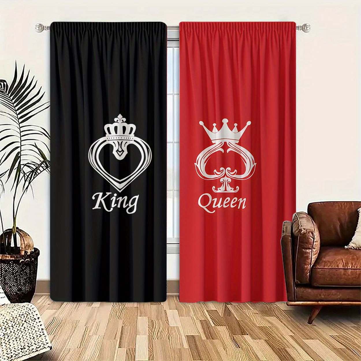 

King And Print Rod Pocket Curtain Panels, Set Of 2, Light Filtering Polyester Velvet Drapes For Bedroom, Living Room, Office Decor, Fade Resistant Woven Hangings With Sanded