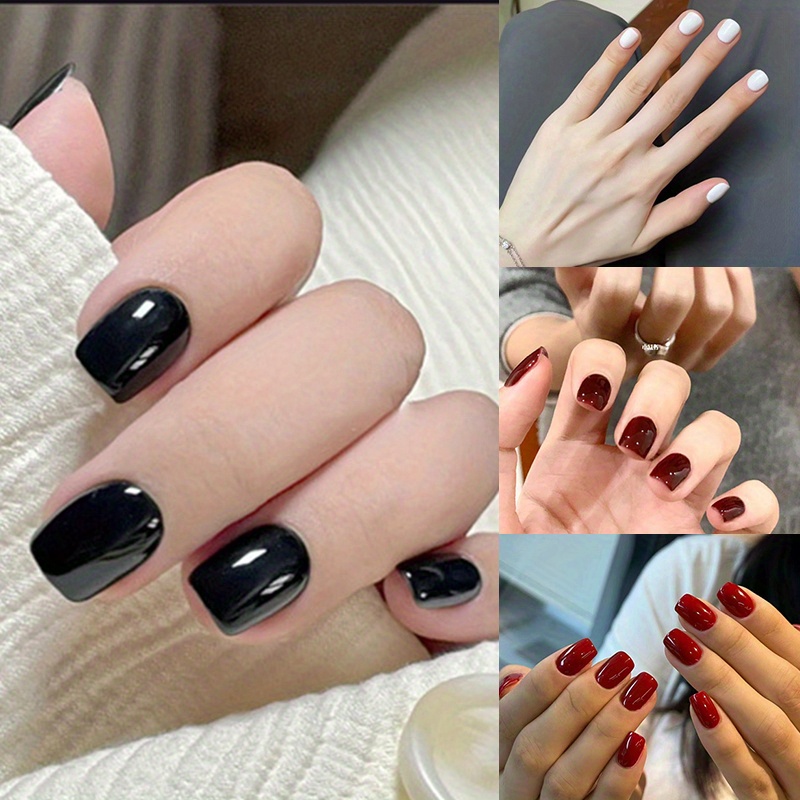 TEMU 96 Pieces Of Short Square Glitter Wear Nail, Chic Nail Wine Black White, Suitable For Women' Wear