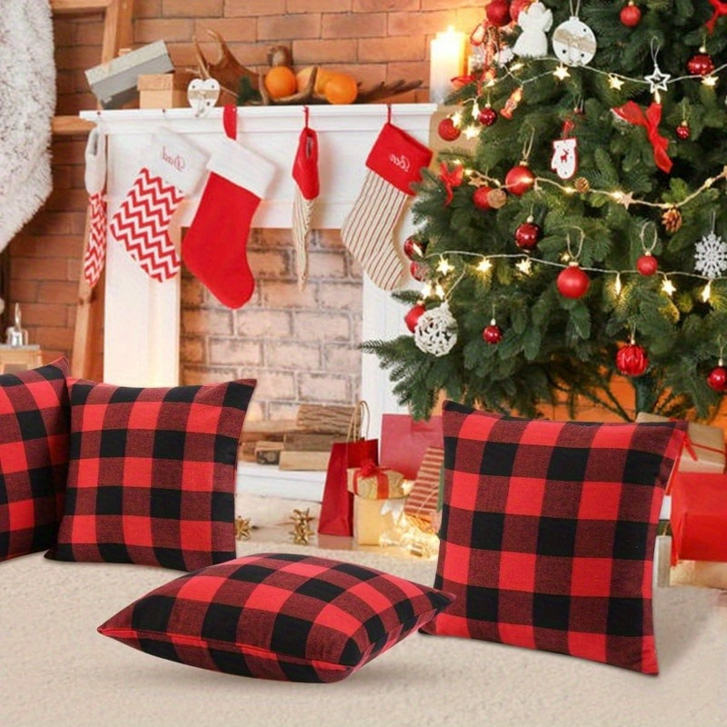 

Luxury Linen Throw Pillows 2-pack, Red Black Plaid, Woven Rectangle Comfort Pillowcases For Home, Office, Car, Travel - 18x18 Inches