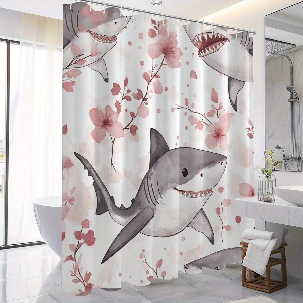 

Chic Shark & Floral Print Waterproof Polyester Shower Curtain With 12 Hooks - Machine Washable, Stylish Bathroom Decor, 71x71 Inches