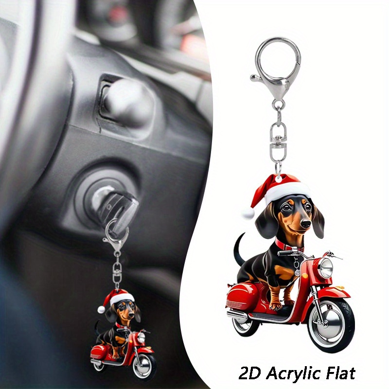 

Christmas Dachshund On Scooter Acrylic Keychain - Fashionable Dog Lovers Keyring, Car & Bag Accessory, Ideal Holiday & Birthday Gift