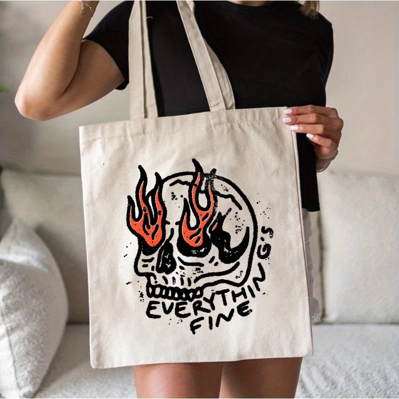 

Chic Skeleton Fire Print Canvas Tote Bag For Women - Spacious, Machine Washable, Shoulder Handbag