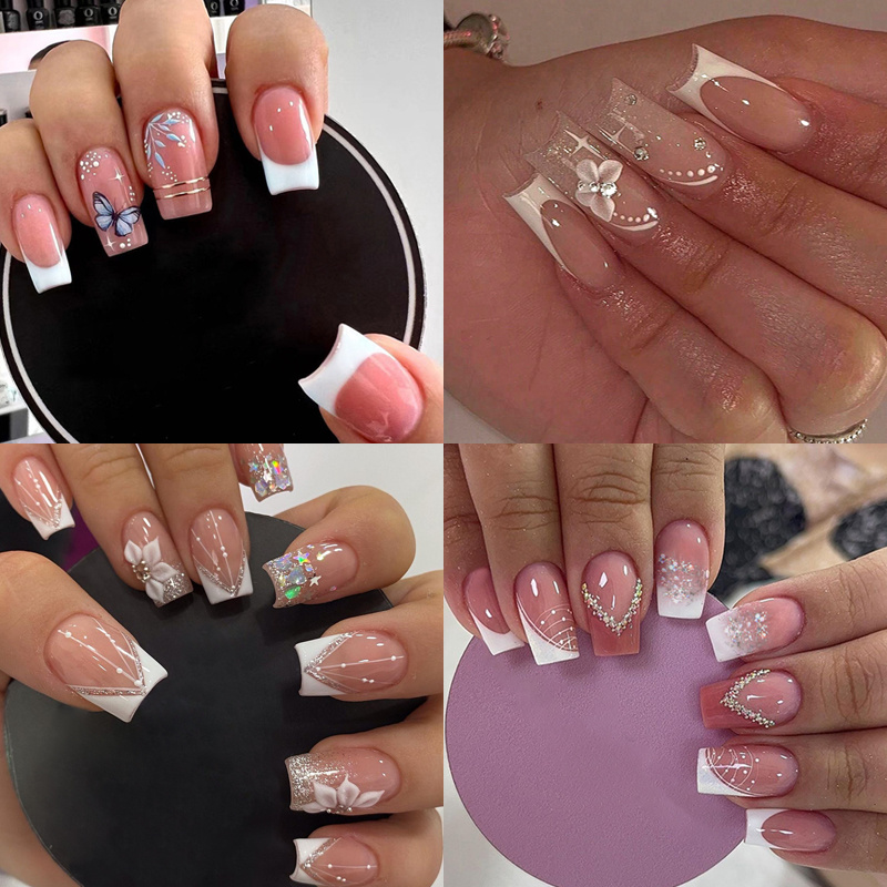 TEMU Christmas 4pcs (96pcs) Short Square Press On Nails French Tip Fake Nails White Flower With Glitter False Nail Charms Crafts Glue On Nails For