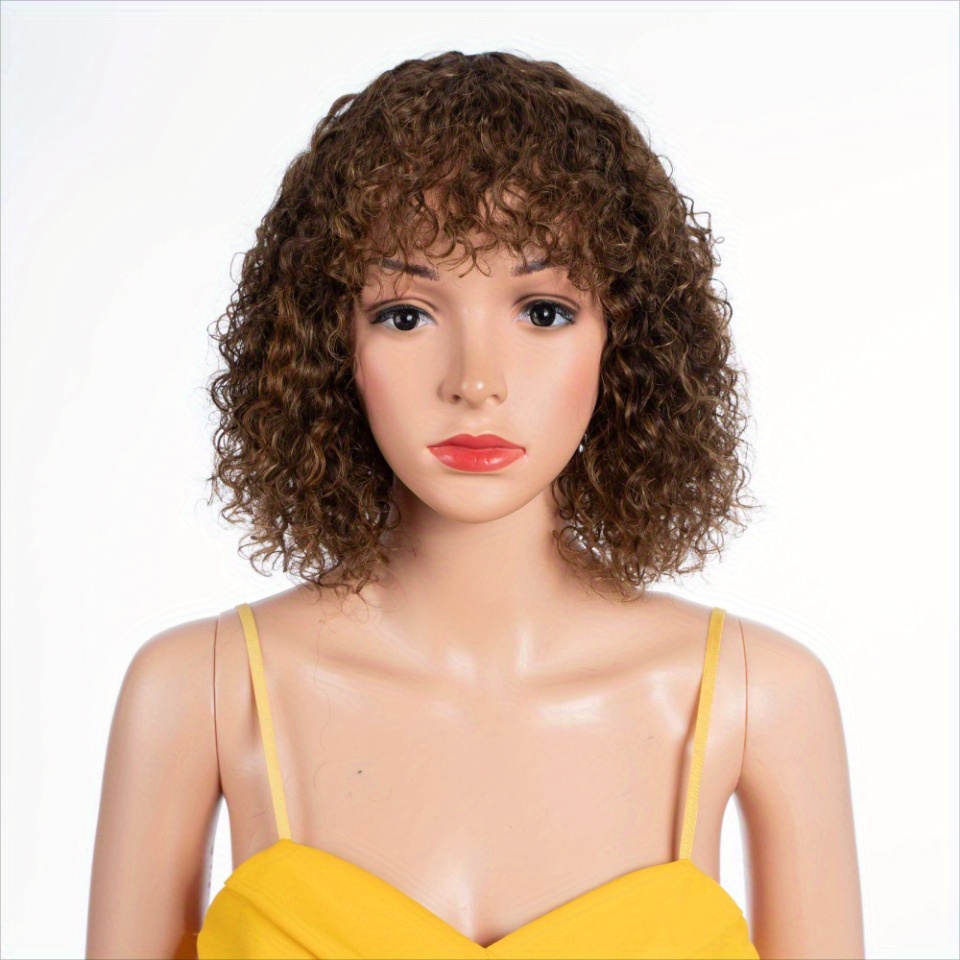 TEMU Brazilian Human Hair Wig - Highlight Blonde Curly Short Bob With Bangs, 150% Density , Non-lace Design For , Elegant Style For All , Unisex Hair Wig | Bangs Wig | Curls, Short Hair Wig