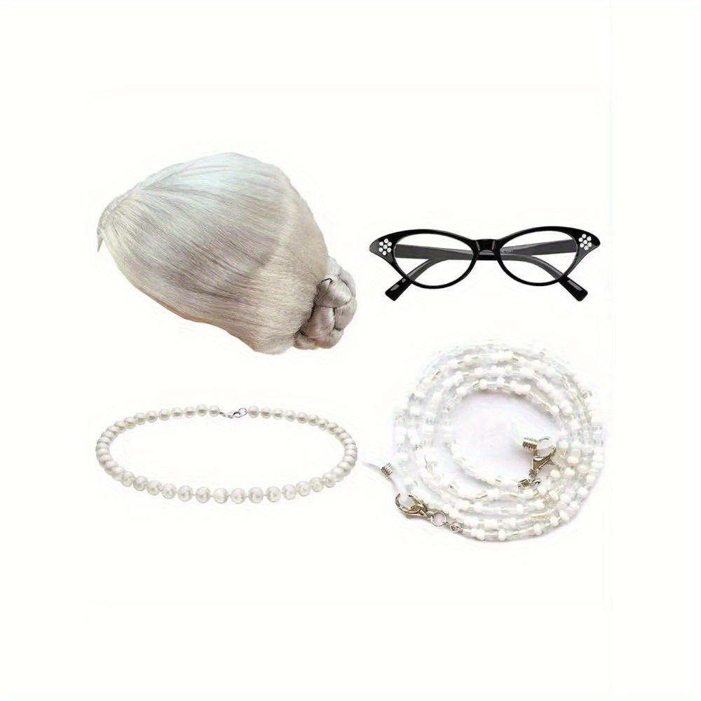 

Grandma Costume Set By Pesenar - 5pcs Gray Wig & Pearl Necklace With Chain Accessories For Cosplay, Parties & Events