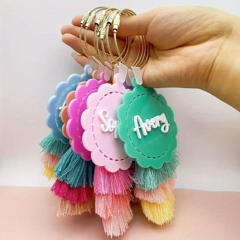 

Personalized Acrylic Keychain With Tassels - Custom Name & Number, Macaron Colors, Backpacks & Gifts, Ideal For Halloween & Summer Vacations