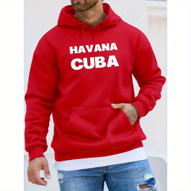 

Cuba Print Hoodie - Men's Casual Long Sleeve Polyester Knit Hooded Sweatshirt With Slight Stretch, Pullover