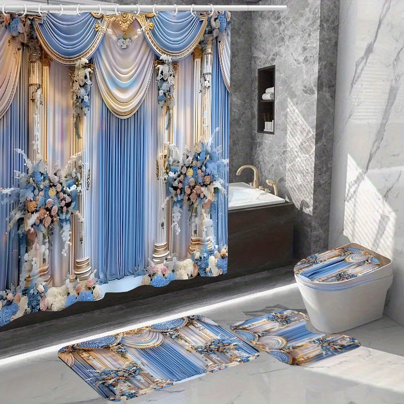 

1pc/4pcs Home Decor Waterproof Shower Curtain Sets With 12 Hooks Toilet Seat Cover Bathroom Mat Non-slip Rug Carpet Polyester Fabric Washable Curtain Bathroom Accessories (open Jit)