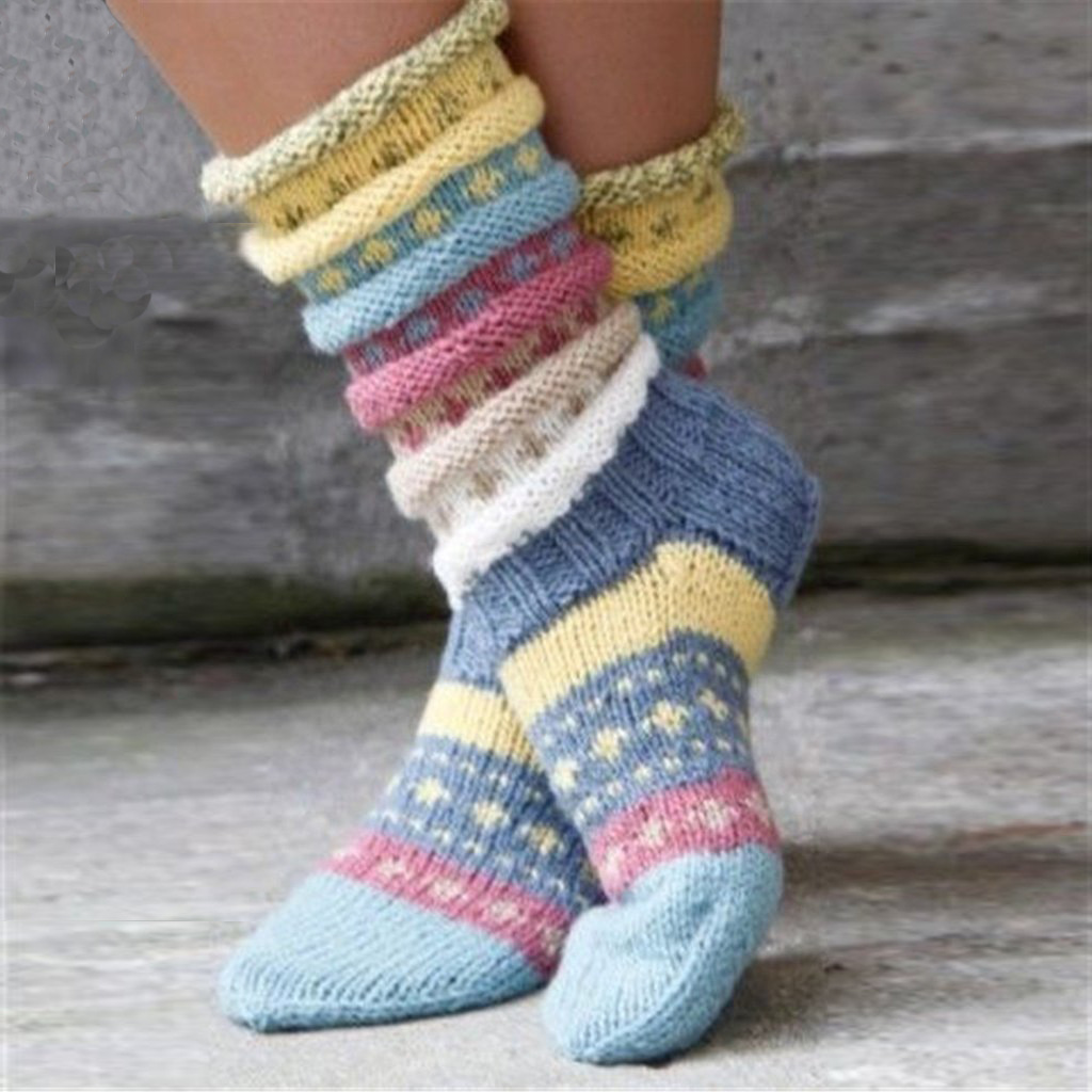 Image of 1 Pair Women' Thick Warm Socks - Retro Striped Mid-calf Suitable For Winter, Cozy Floor Socks With Striped/ Patterns, Hand Washable For, Casual Wear, For -day (no Cut Required)