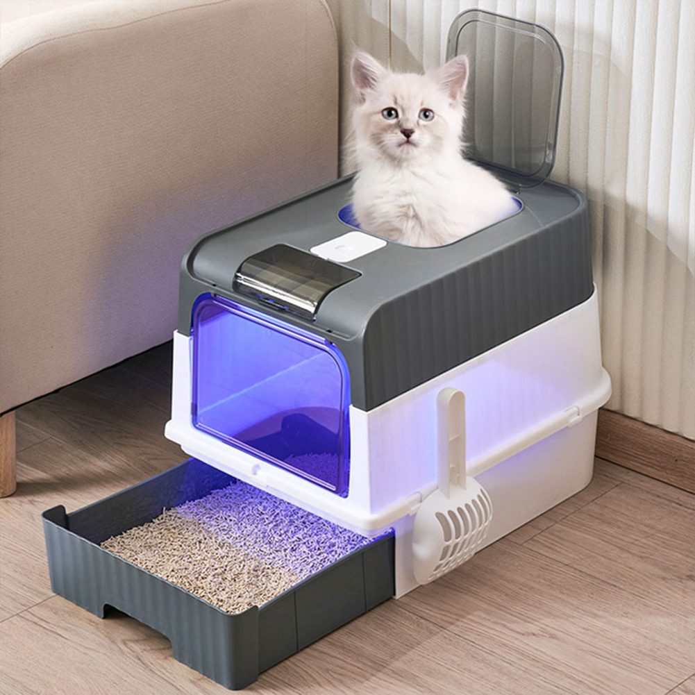 Large Cat Litter Box Self Cleaning Cat Pan Drawer Sterilize Deodorize Potty Tray, Cat Litter Box With Lid And Scoop UV Sterilization And Deodorization, Easy To Clean And Splash-proof Detachable Cat Litter Tray With Hood For Medium And Small Cats
