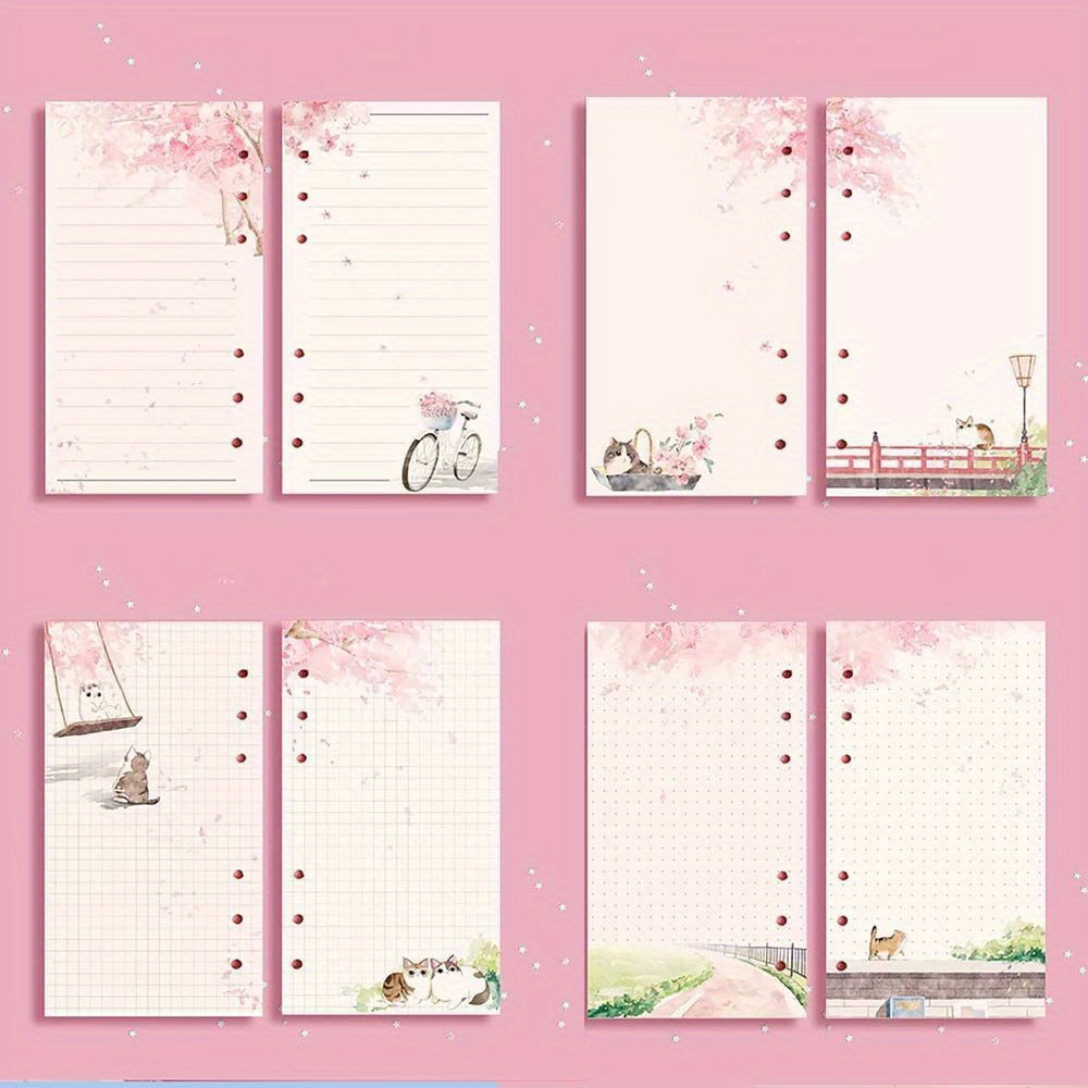 

80pcs A6 Sakura Cherry & Cat Design Loose Leaf Notebook Refills With Line Grid, Blank Agenda Pages For Spiral Binder