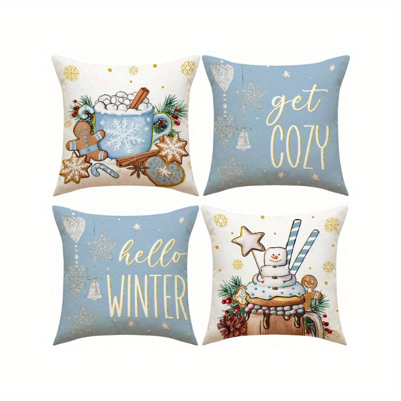 

4pcs Winter & Christmas Throw Pillow Cover Set - Snowman, Snowflake, Pinecone, Star Designs - 18x18 Inches, Linen Blend, Zip Closure, Machine Washable - Perfect For Living Room & Bedroom Decor