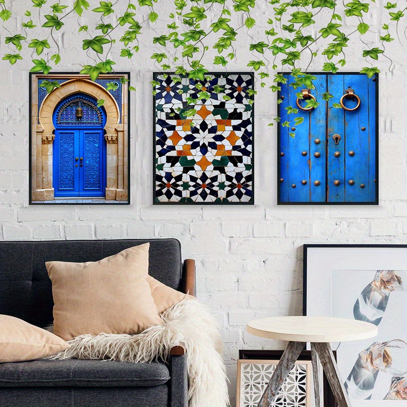 

Moroccan Doors And Tiles Trio Canvas Art Prints, Set Of 3 Frameless Cloth Posters 12x18 Inch - Traditional Arabic Wall Decor For Home And Office