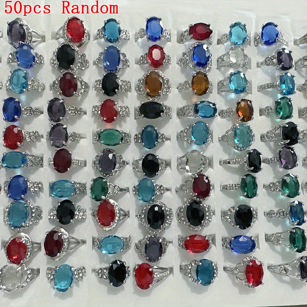 

50pcs Mixed Color Artificial Glass Crystal Gem Women Ring Fashion Accessory, Finger Ring Jewelry Inlaid Rhinestone Party Gift Idea(16-20mm Random)