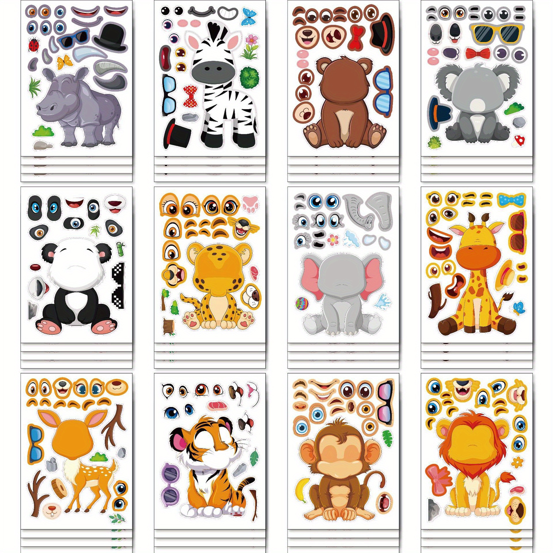 

12- Face Costume Vinyl Decals With Tiger, Lion, Monkey, Elephant, Zebra, Elk, Giraffe - -up Vinyl Appliques, Novelty Toy Patterns, 14+, Single-use Adhesive Emblems