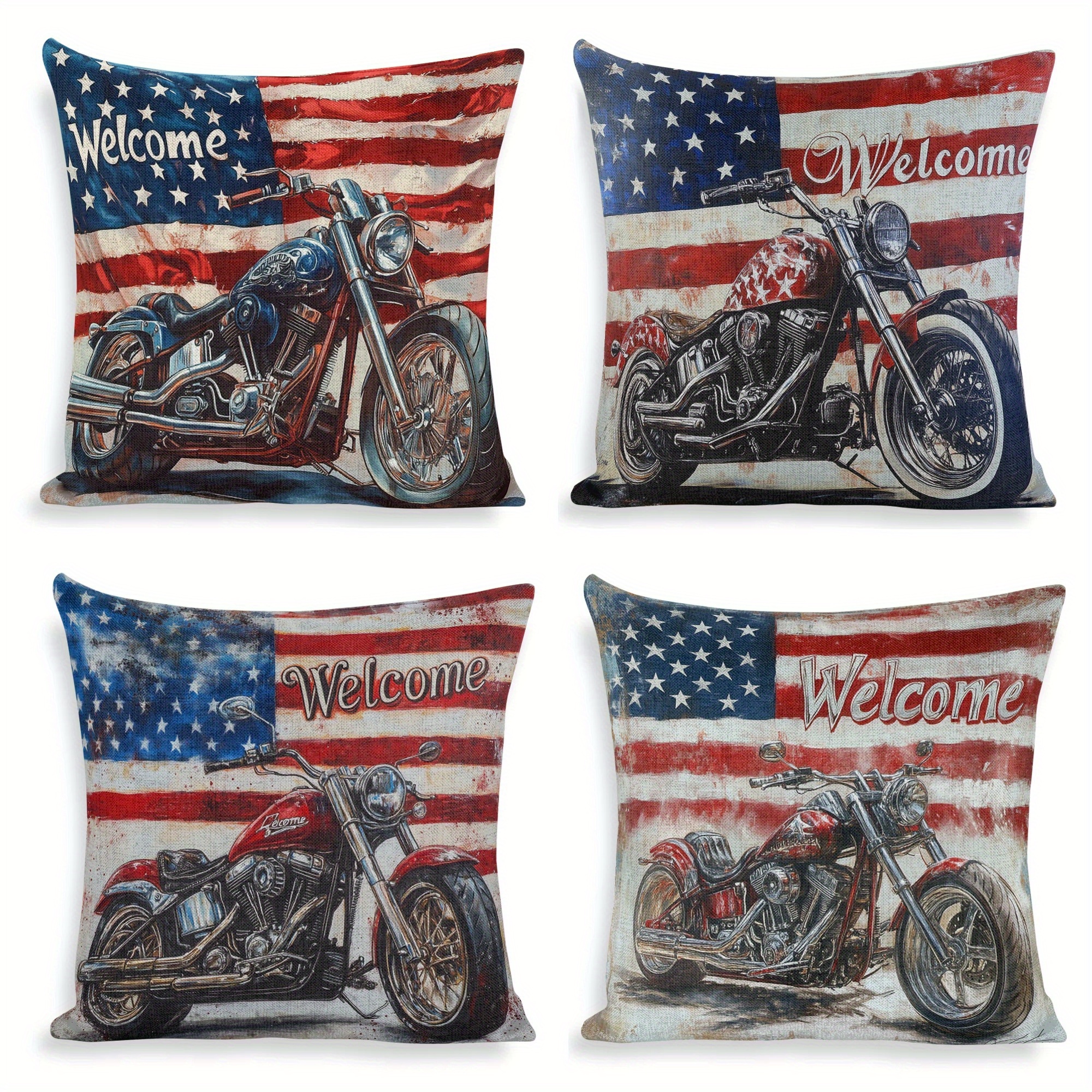 

4pcs Set Vintage American Flag & Motorcycle Decorative Pillow Covers, 18x18 Inch - Zip Closure, Hand Washable Polyester Cushion Cases For Sofa, Bedroom, Car, And Office