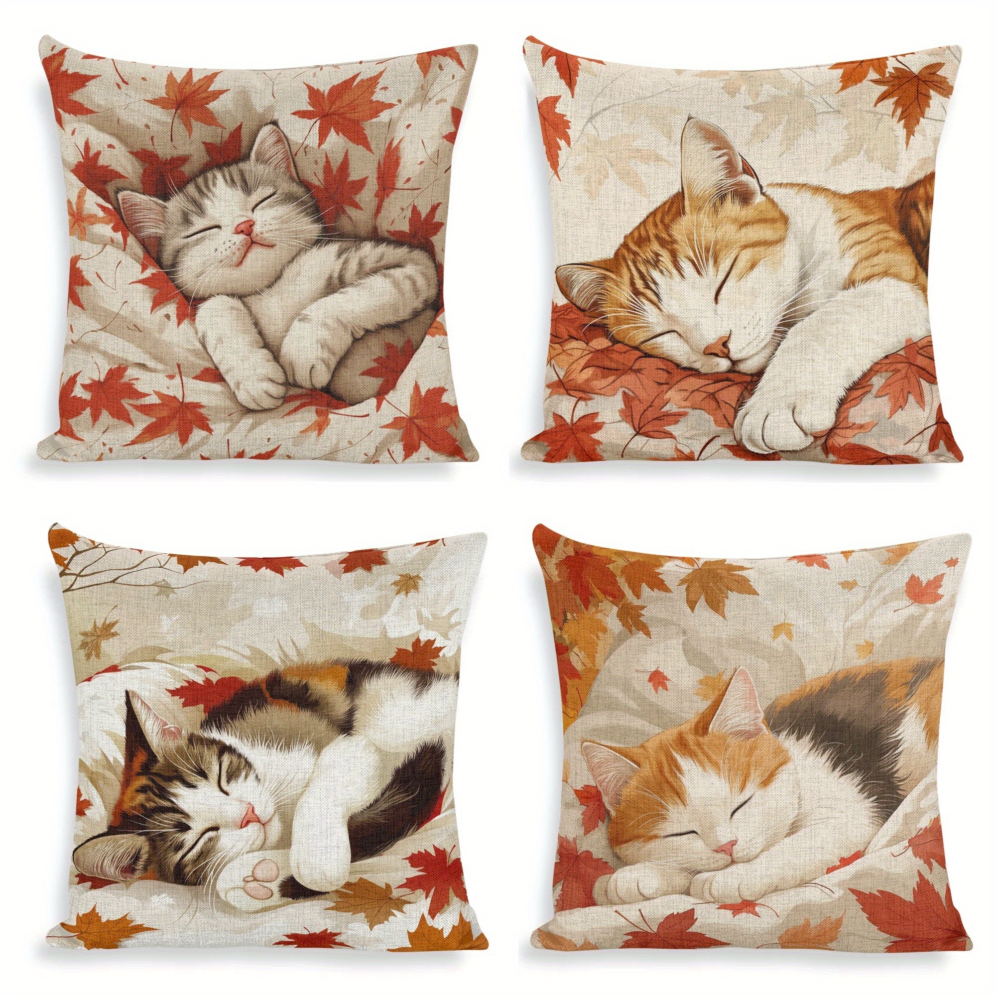 

4-piece Set Autumn Maple Leaf Feline Throw Pillow Covers 18x18 Inch, Contemporary Linen Zippered Cushion Cases For Sofa, Chair, Bed, Living Room, And Office Decor