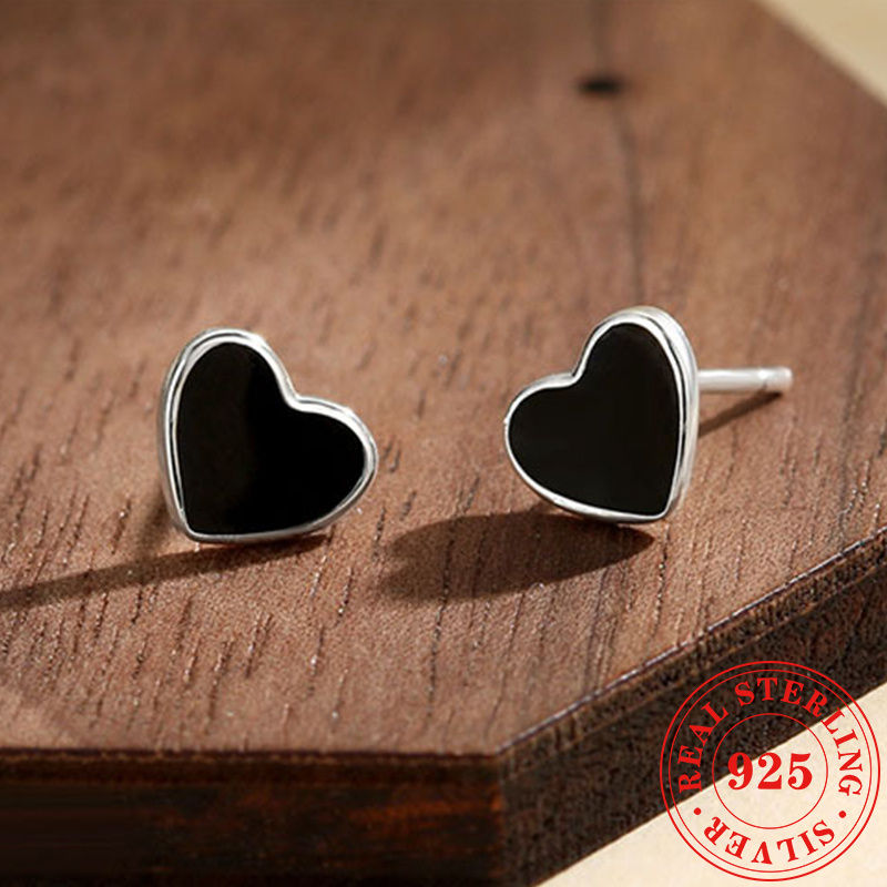 

1 Pair S925 Silver Black Enamel Heart Stud Earrings, Simple Style Mini Ear Bone Studs, Suitable Girls, With Gift Box, Suitable Party, Gifts, Festival, Gifts