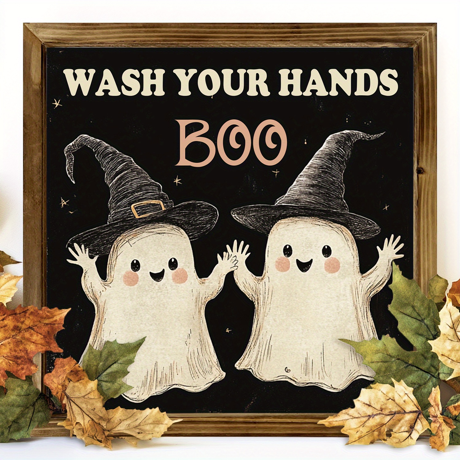 Image of Wash Your Hands Boo Cute -themed Halloween Wood Framed Sign Christmas Decor Halloween Gift Sign Bathroom Wall Decor For Living Room Bedroom Desktop Decoration 8x8 Inch