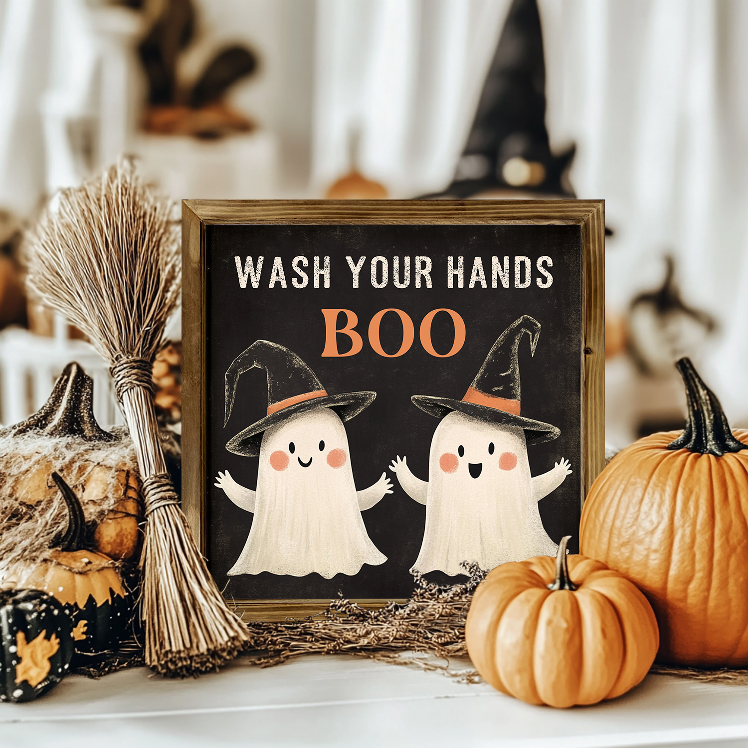 TEMU Un panneau mural en bois d'Halloween encourageant le lavage des mains, avec un adorable portant un chapeau de sorcière. Parfait pour un d'humour