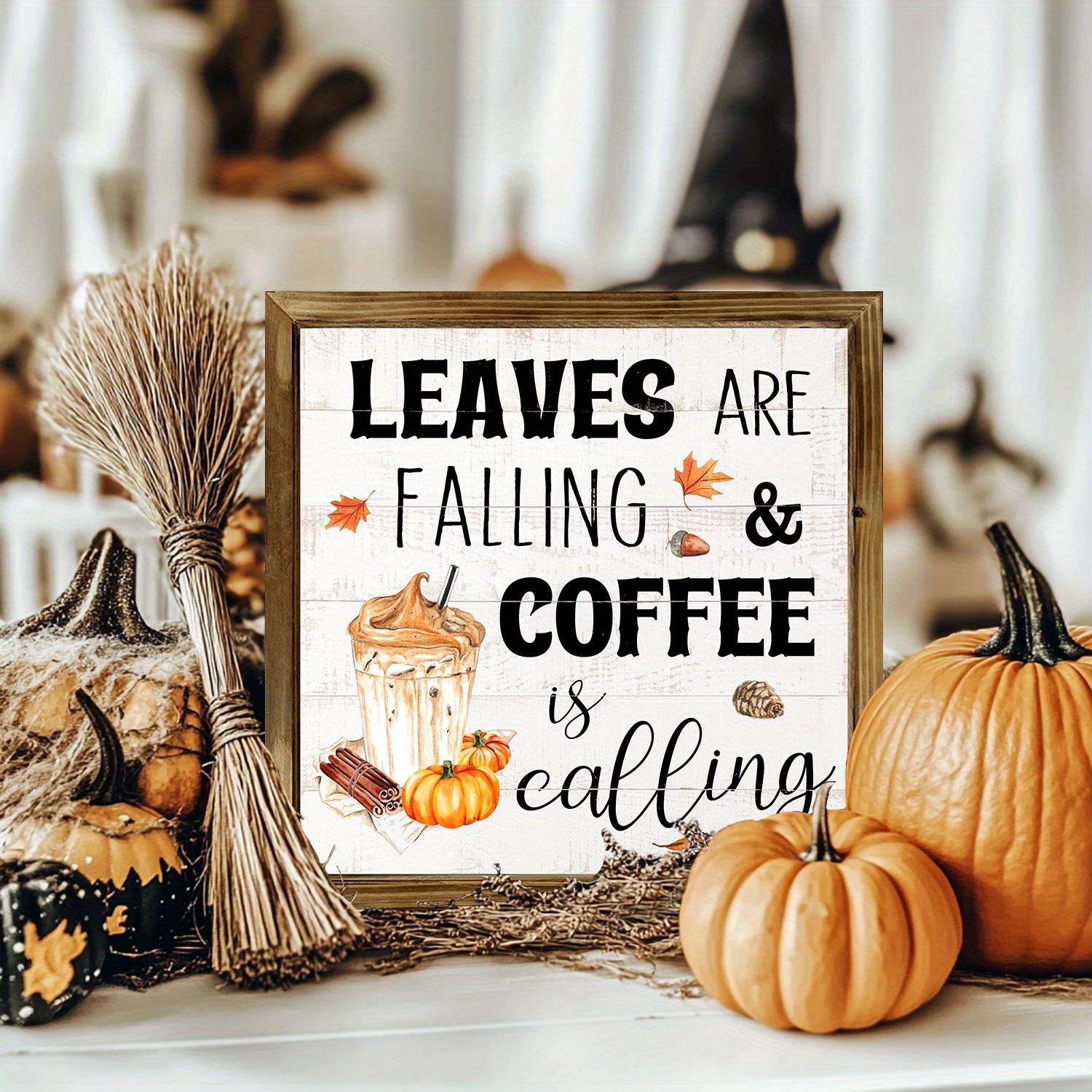 Image of 8x8" Wooden 'leaves Are Falling & Coffee Is Calling' Sign - Rustic Autumn Wall Art For Farmhouse Kitchen, Coffee Station, Decor - Perfect Thanksgiving Gift