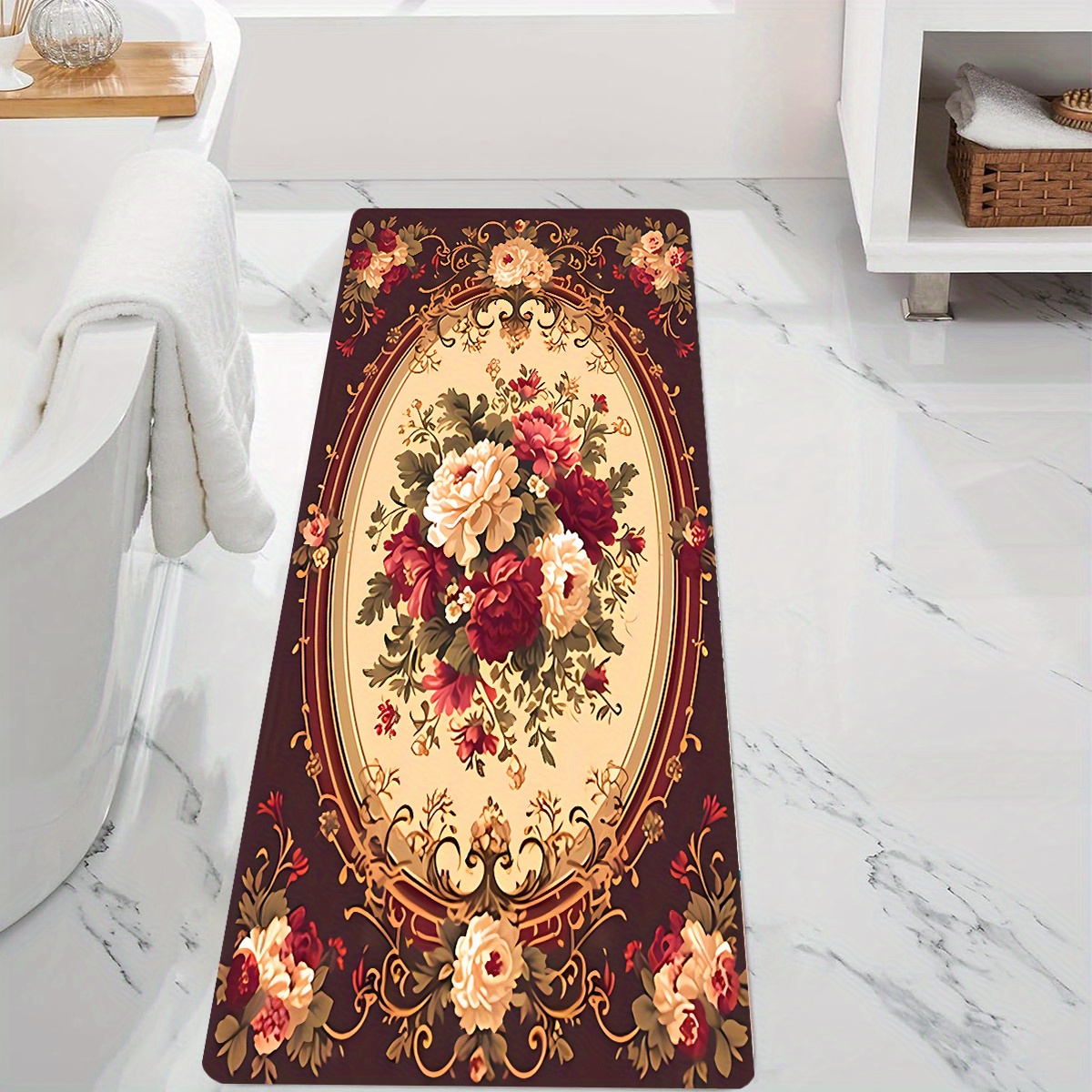 

Luxurious Floral Bathroom Mat - Non-slip, Machine Washable Polyester Rug For Home Decor