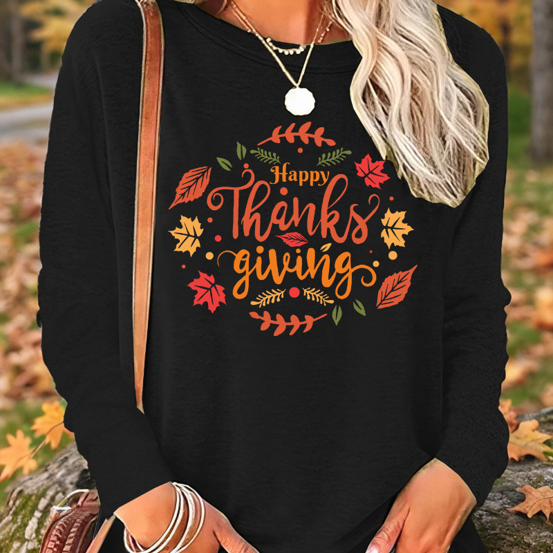 

Thanksgiving Day Print Graphic T Shirt, Breathable Long Sleeve Crew Neck Summer Tee, Women's Top